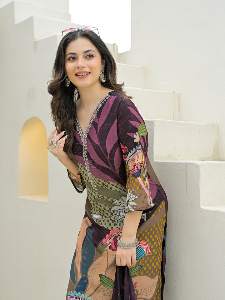 Divena Purple Pure Crepe Digital Print Kurta Pant Set With Dupatta