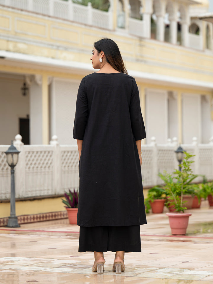 Divena Black Solid Cotton Kurta Pant Set