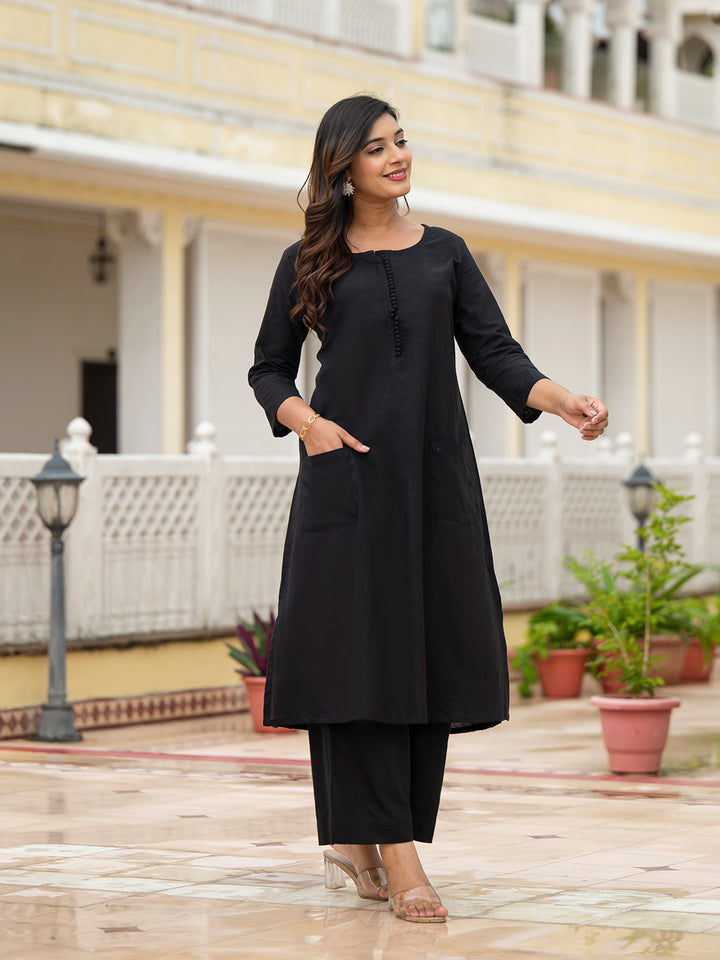 Divena Black Solid Cotton Kurta Pant Set