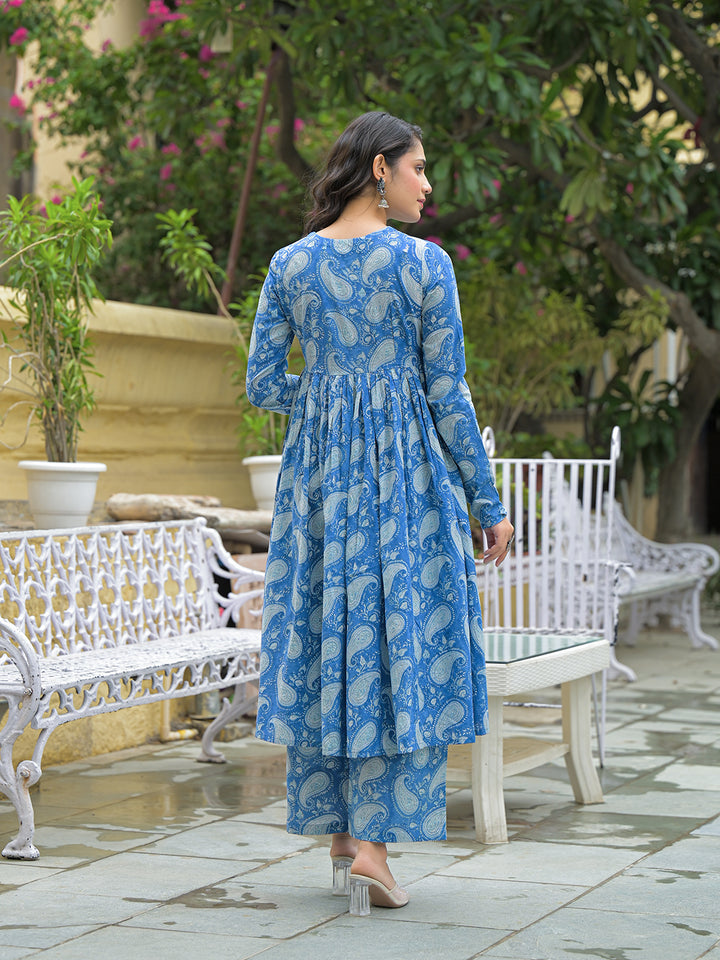 Divena Blue Cotton Paisley Printed Kurta Pant Set With Dupatta