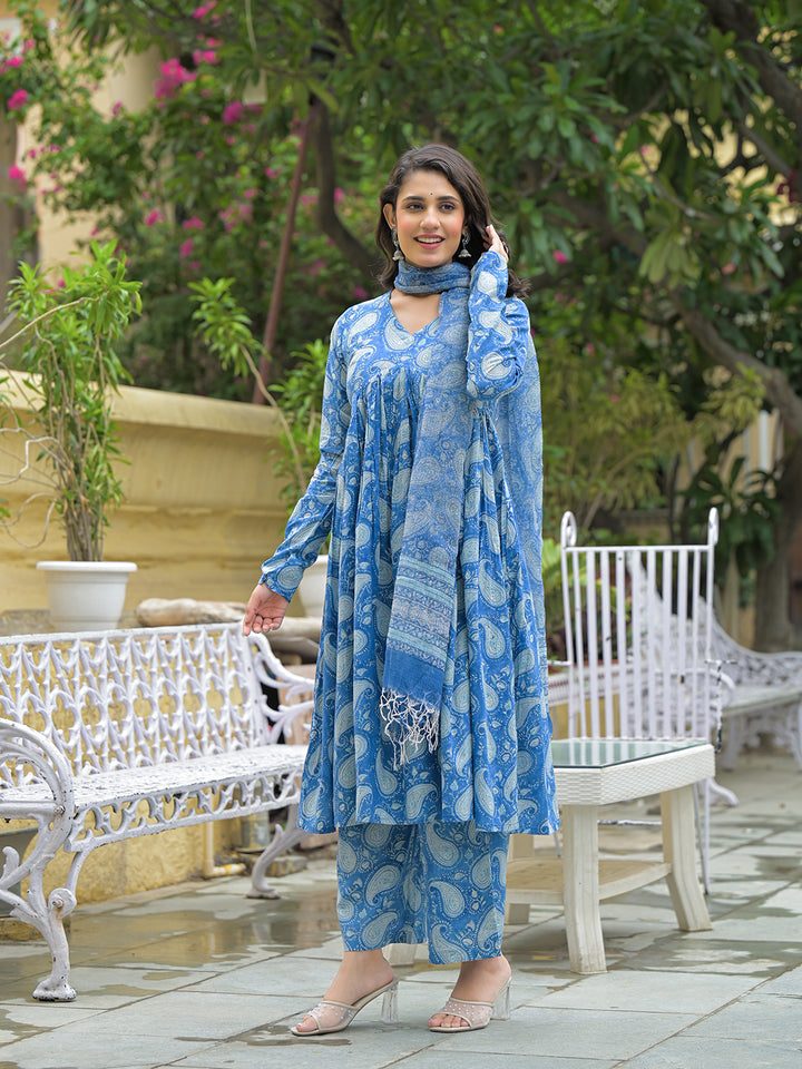 Divena Blue Cotton Paisley Printed Kurta Pant Set With Dupatta