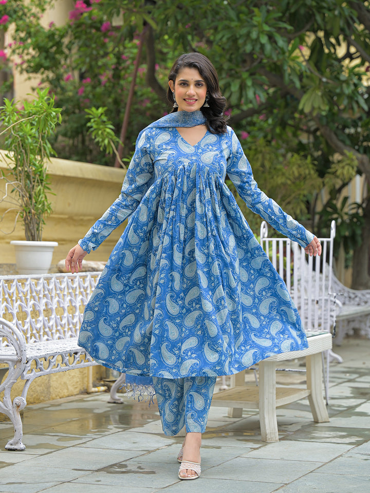 Divena Blue Cotton Paisley Printed Kurta Pant Set With Dupatta