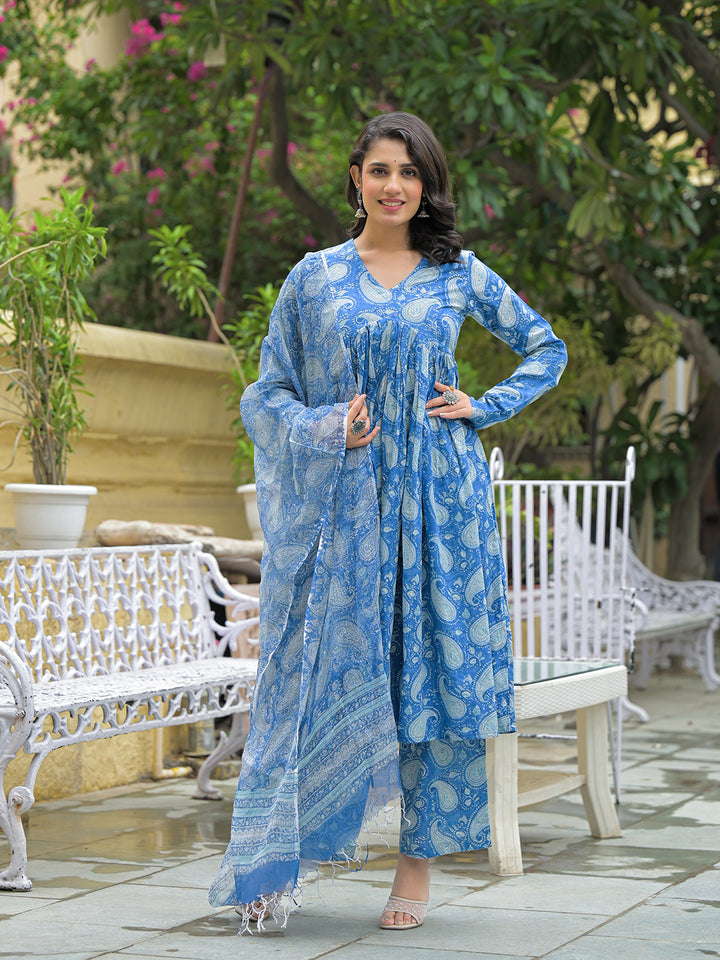Divena Blue Cotton Paisley Printed Kurta Pant Set With Dupatta