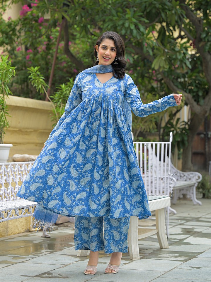 Divena Blue Cotton Paisley Printed Kurta Pant Set With Dupatta