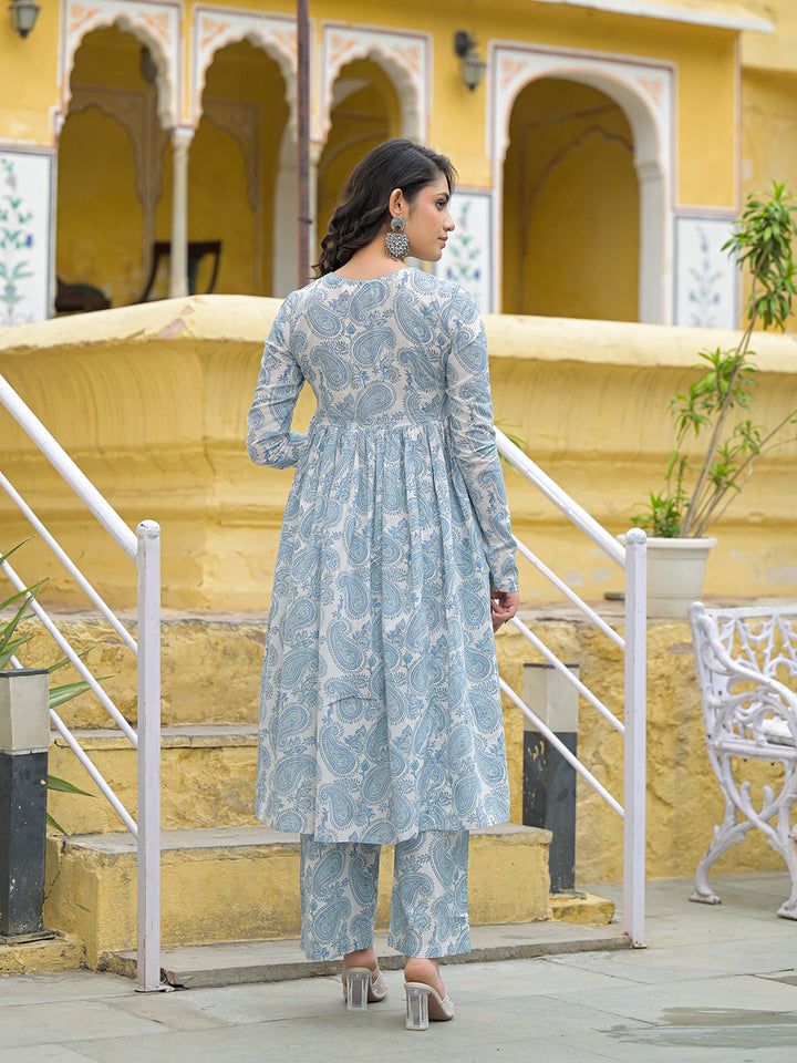 Divena White Cotton Paisley Printed Kurta Pant Set With Dupatta