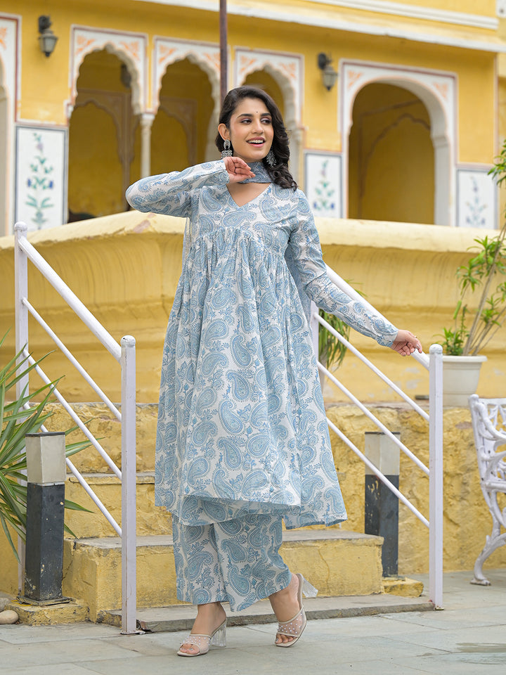 Divena White Cotton Paisley Printed Kurta Pant Set With Dupatta