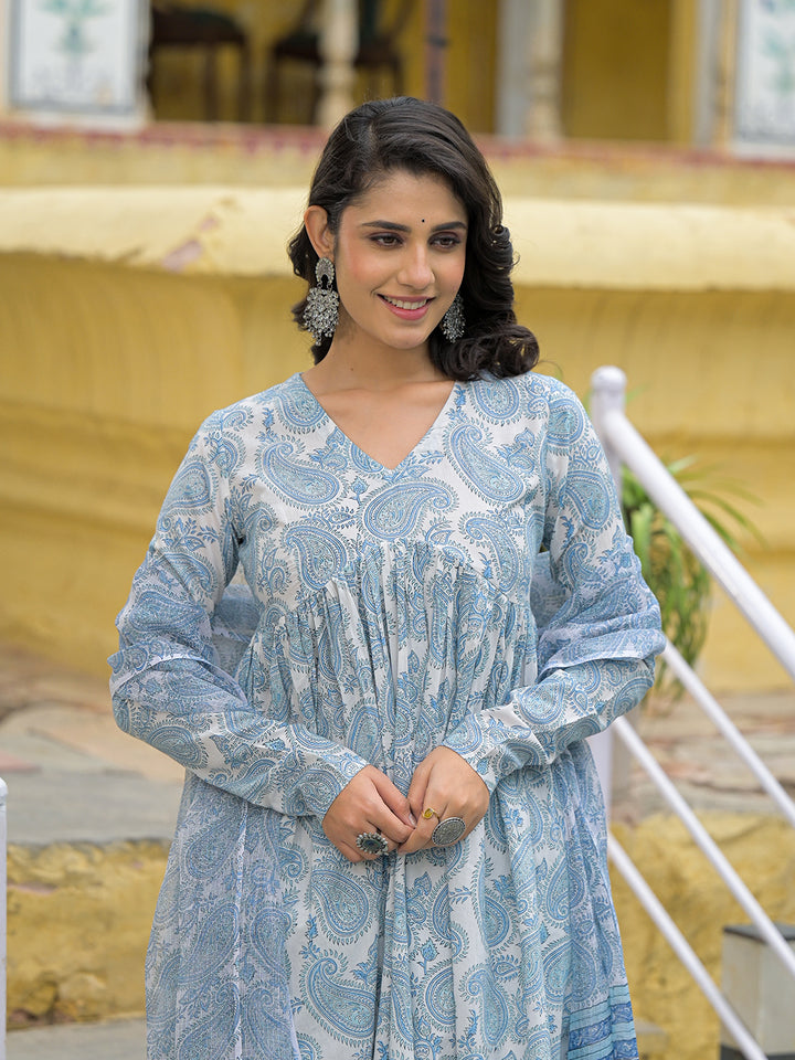 Divena White Cotton Paisley Printed Kurta Pant Set With Dupatta