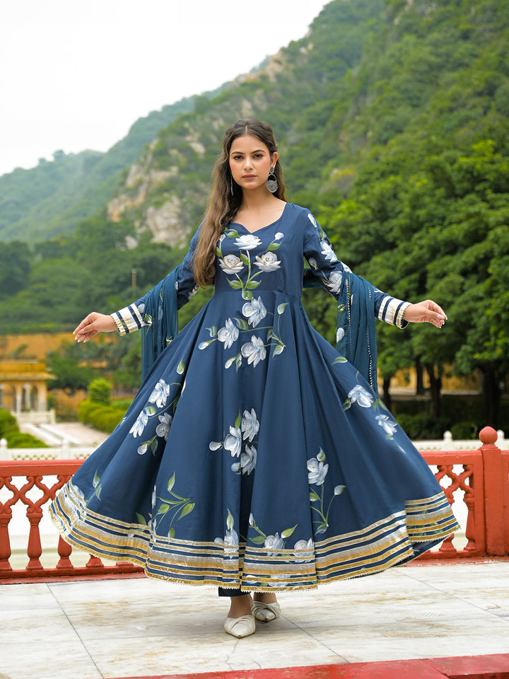 Divena Blue Hand Painted Cotton Anarkali Kurta Pant With Dupatta