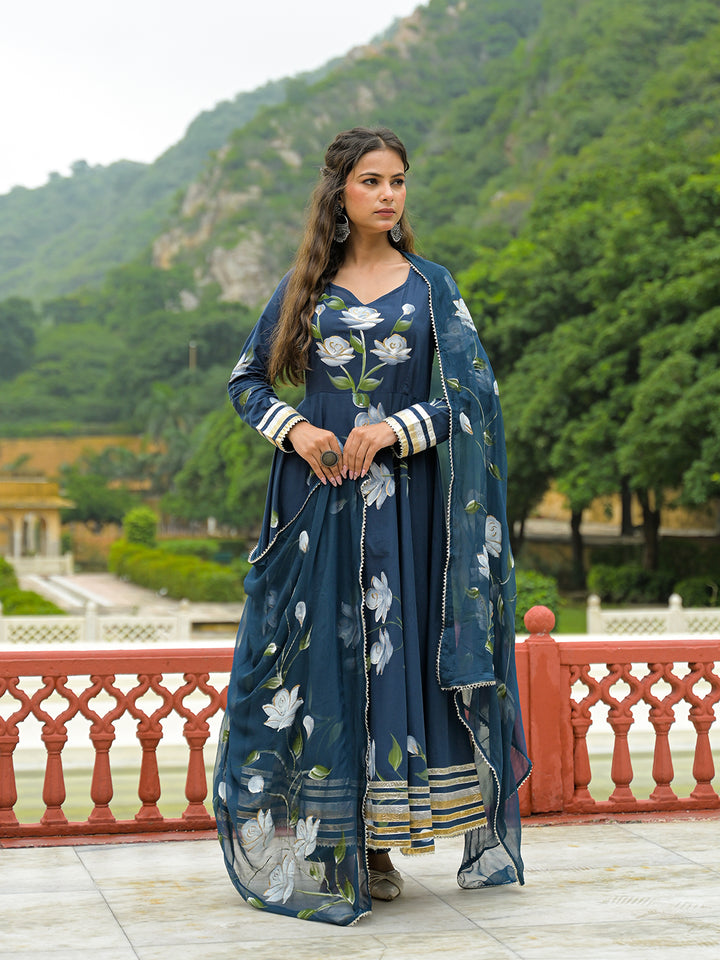 Divena Blue Hand Painted Cotton Anarkali Kurta Pant With Dupatta