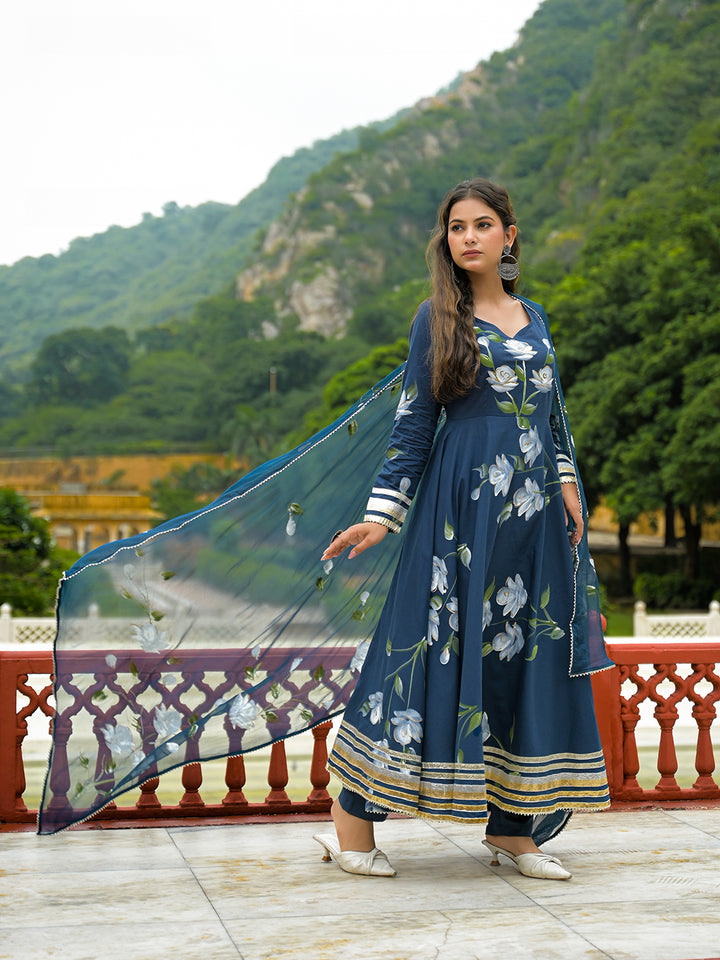 Divena Blue Hand Painted Cotton Anarkali Kurta Pant With Dupatta
