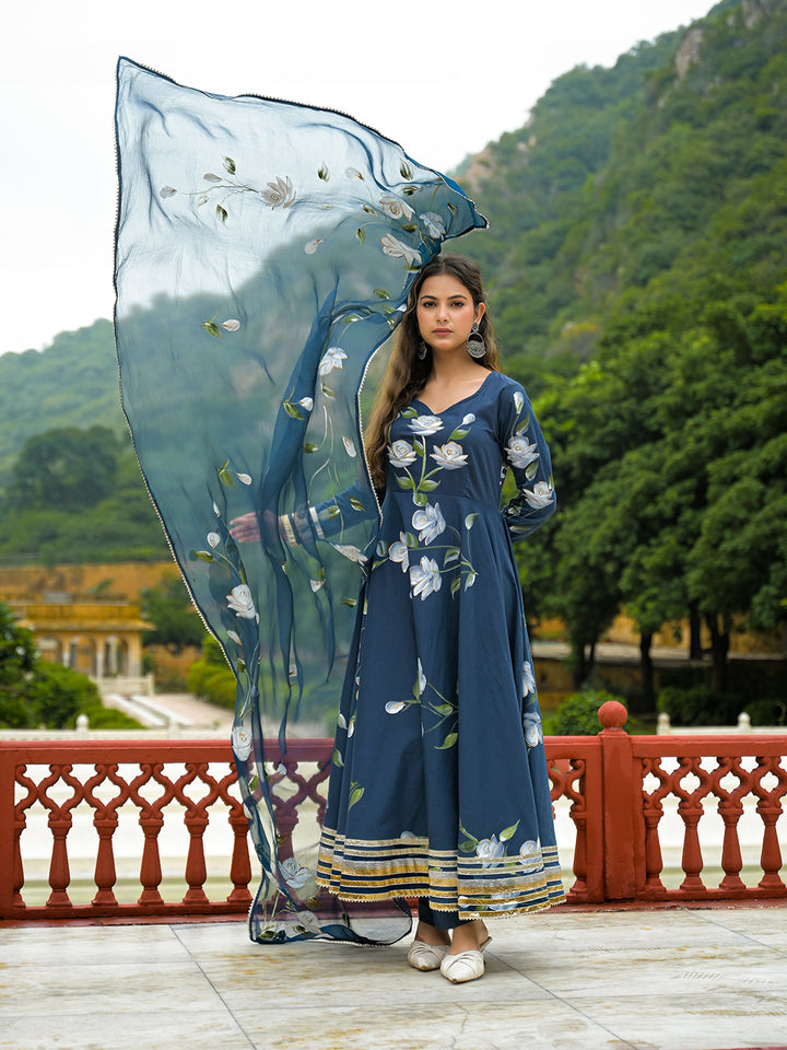 Divena Blue Hand Painted Cotton Anarkali Kurta Pant With Dupatta