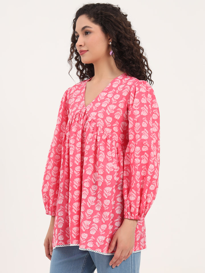 Divena Pink Floral Print Cotton Fabric Regular Peplum Top