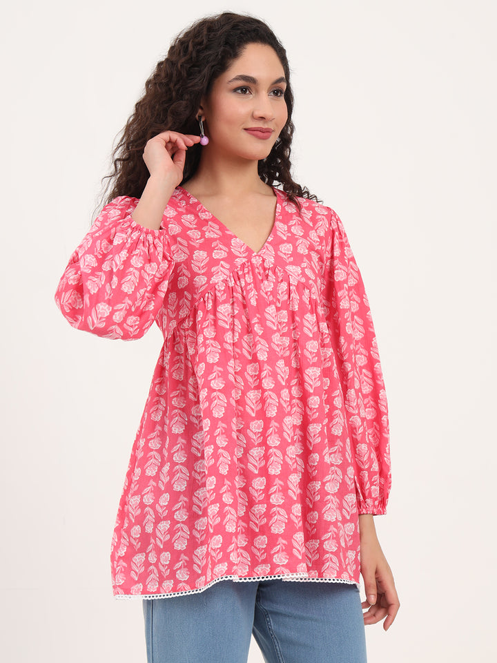 Divena Pink Floral Print Cotton Fabric Regular Peplum Top