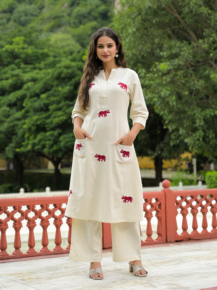 Divena Off White Embroidered Cotton A-line Kurta Pant Sets