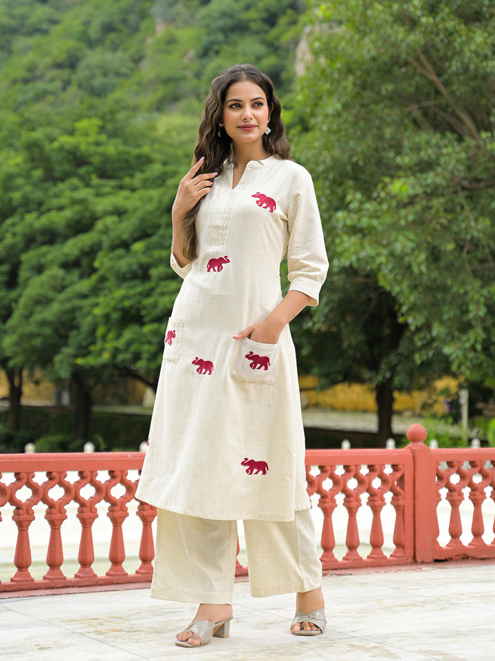 Divena Off White Embroidered Cotton A-line Kurta Pant Sets