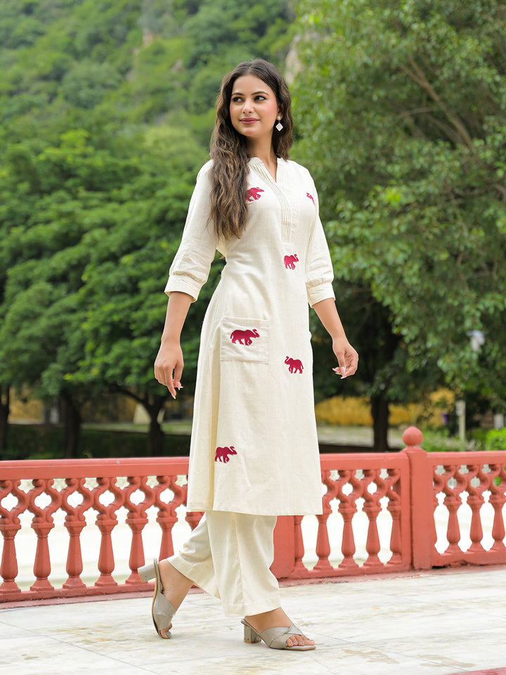 Divena Off White Embroidered Cotton A-line Kurta Pant Sets
