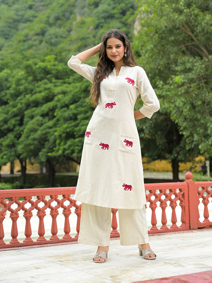 Divena Off White Embroidered Cotton A-line Kurta Pant Sets