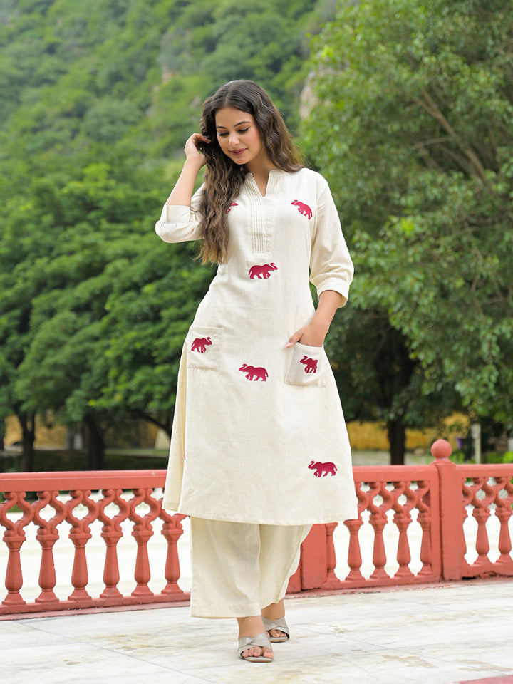 Divena Off White Embroidered Cotton A-line Kurta Pant Sets