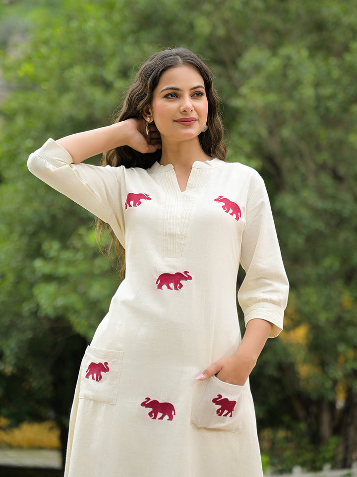 Divena Off White Embroidered Cotton A-line Kurta Pant Sets