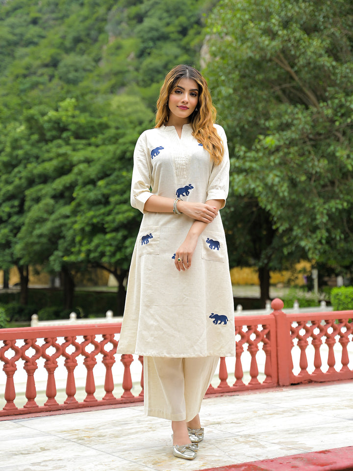 Divena Off White Embroidered Cotton A-line Kurta Pant Sets