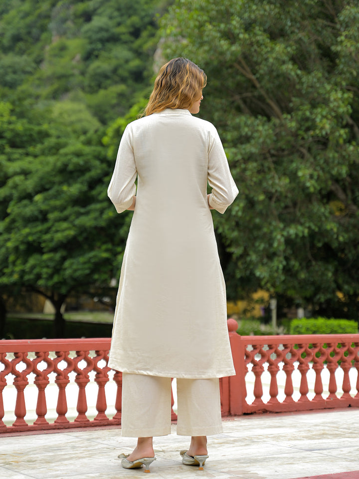 Divena Off White Embroidered Cotton A-line Kurta Pant Sets