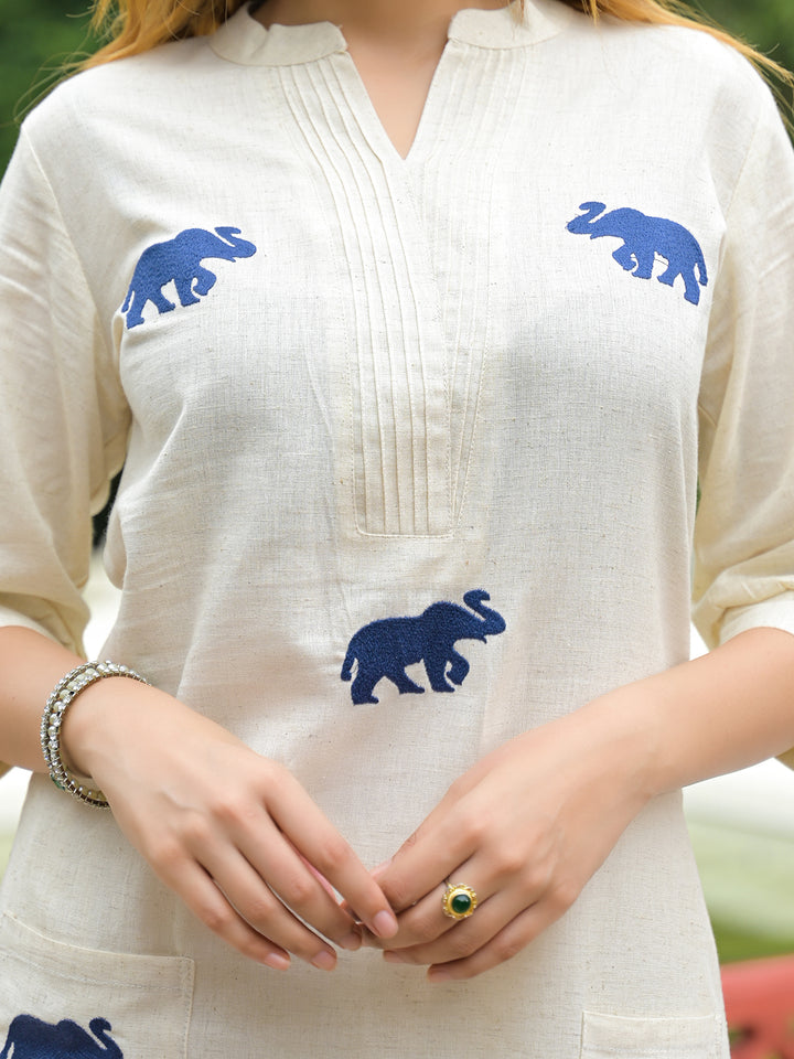 Divena Off White Embroidered Cotton A-line Kurta Pant Sets