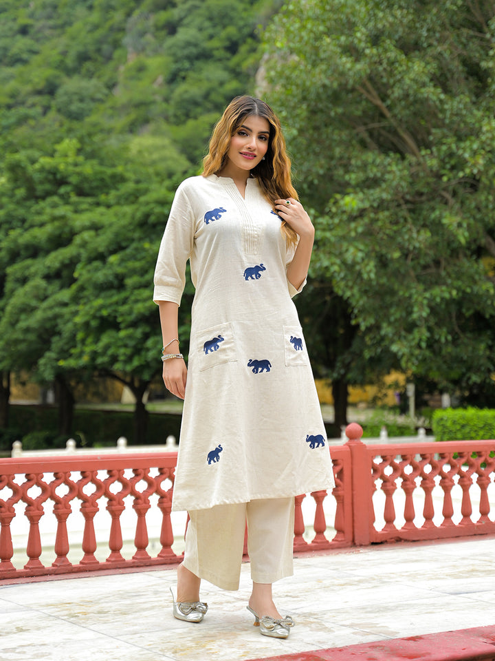 Divena Off White Embroidered Cotton A-line Kurta Pant Sets