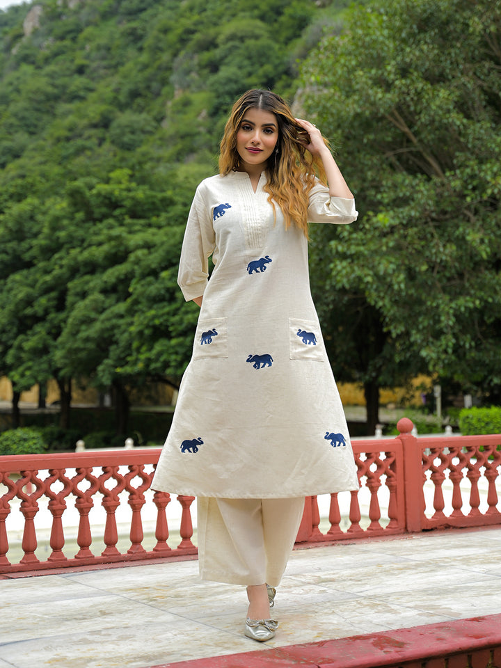 Divena Off White Embroidered Cotton A-line Kurta Pant Sets