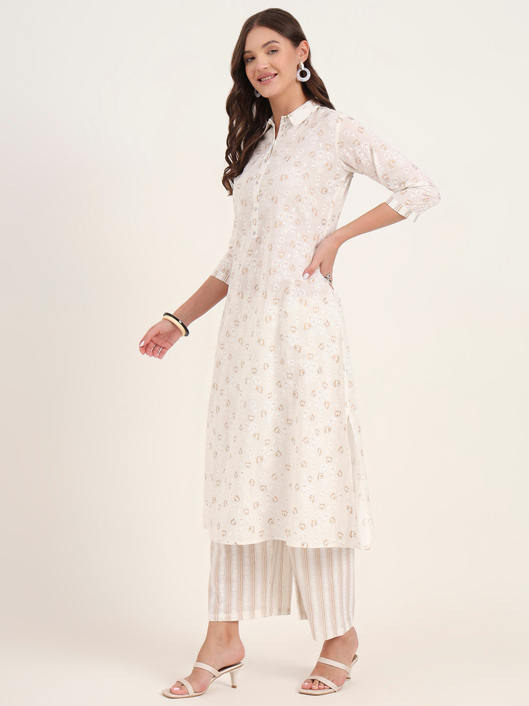 Divena White Floral Printed Cotton Kurta Pant Sets