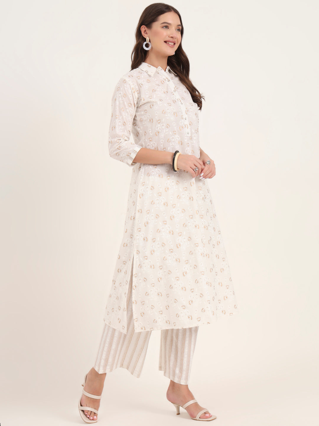 Divena White Floral Printed Cotton Kurta Pant Sets