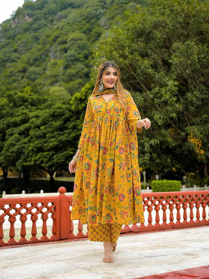 Divena Mustard Floral Print Cotton Anarkali Kurta Pant Set With Dupatta