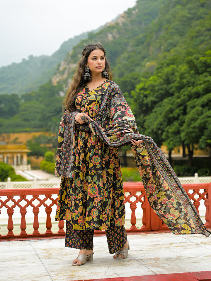 Divena Black Cotton Straight Kurta Pant With Dupatta