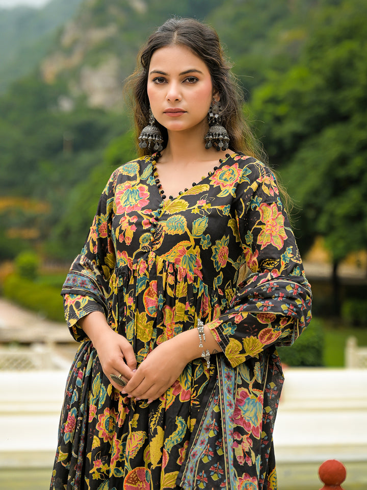 Divena Black Cotton Straight Kurta Pant With Dupatta