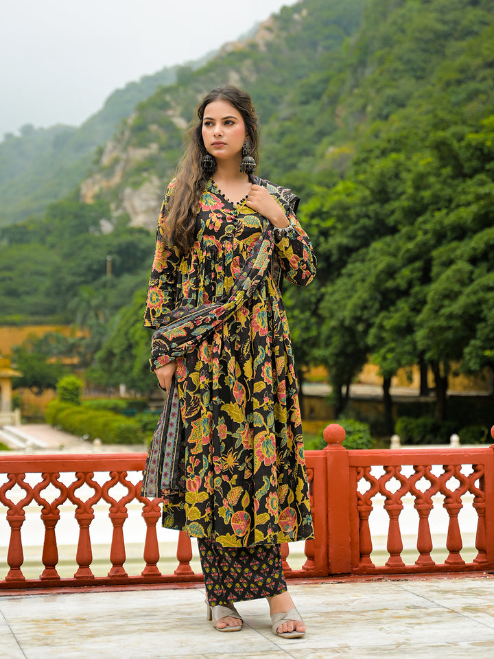 Divena Black Cotton Straight Kurta Pant With Dupatta