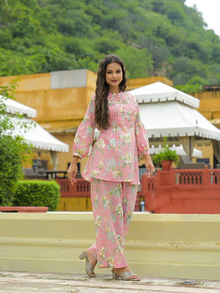 Divena Pink Floral Print Cotton Night suits Set