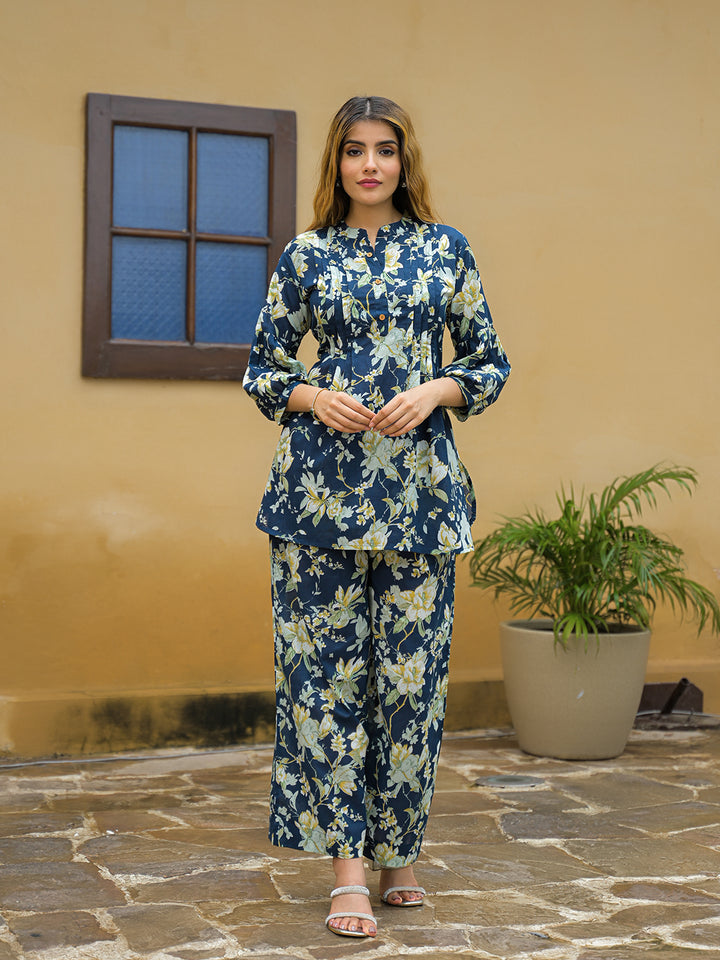 Divena Blue Floral Print Cotton Night suits Set