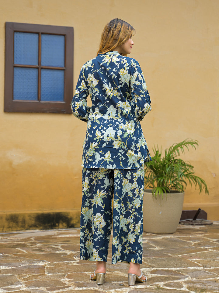 Divena Blue Floral Print Cotton Night suits Set