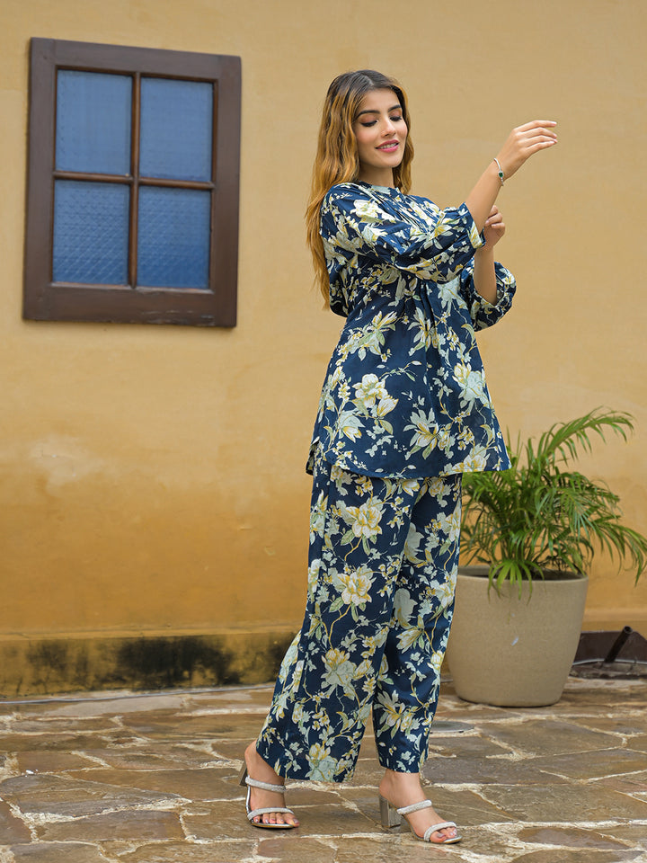 Divena Blue Floral Print Cotton Night suits Set