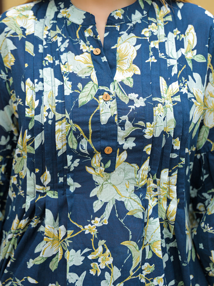 Divena Blue Floral Print Cotton Night suits Set