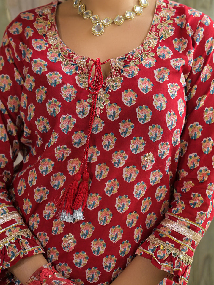 Divena Red Handblock Cotton Straight Kurta Sharara With Dupatta