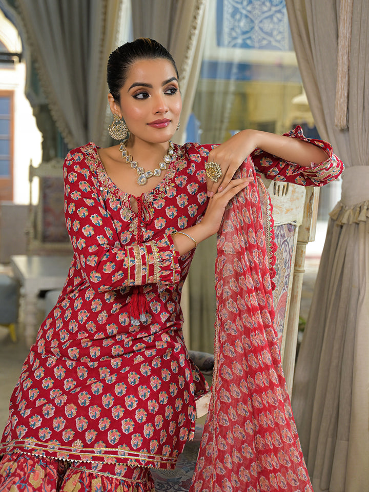 Divena Red Handblock Cotton Straight Kurta Sharara With Dupatta