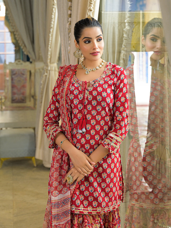 Divena Red Handblock Cotton Straight Kurta Sharara With Dupatta