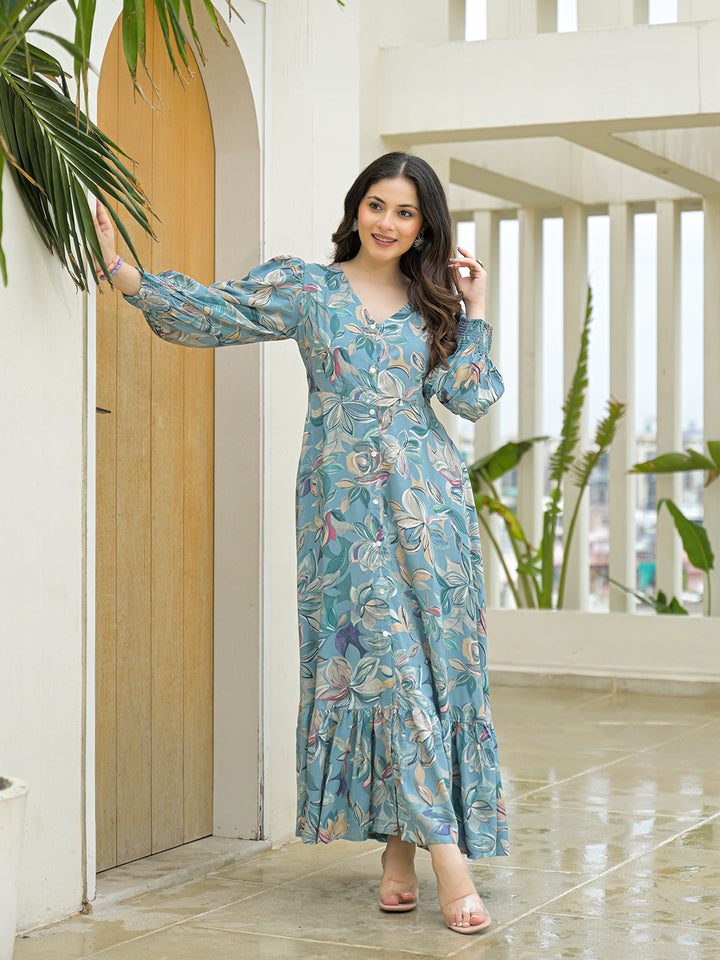 Divena Sky Blue Rayon Flare Dress