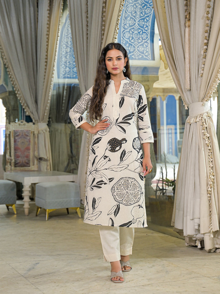 Divena Off White Floral Print Cotton Straight Kurta Pant Sets