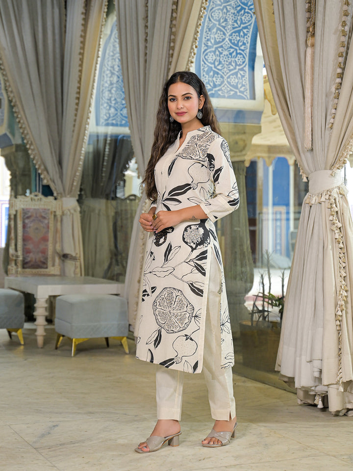 Divena Off White Floral Print Cotton Straight Kurta Pant Sets