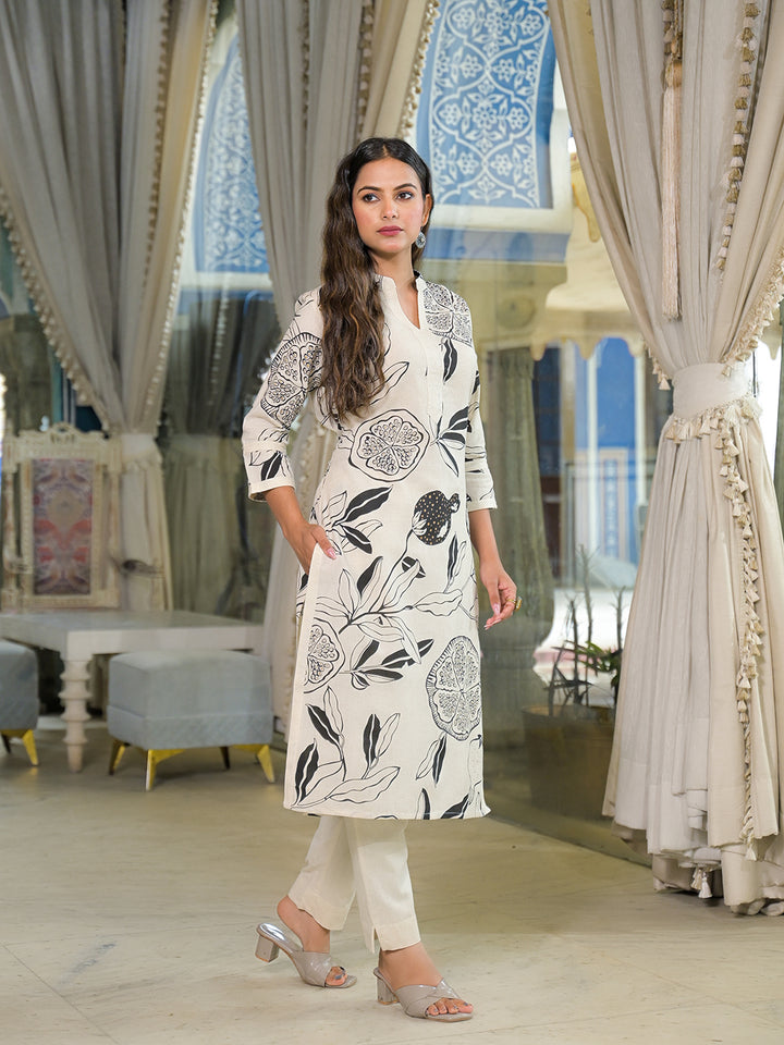 Divena Off White Floral Print Cotton Straight Kurta Pant Sets