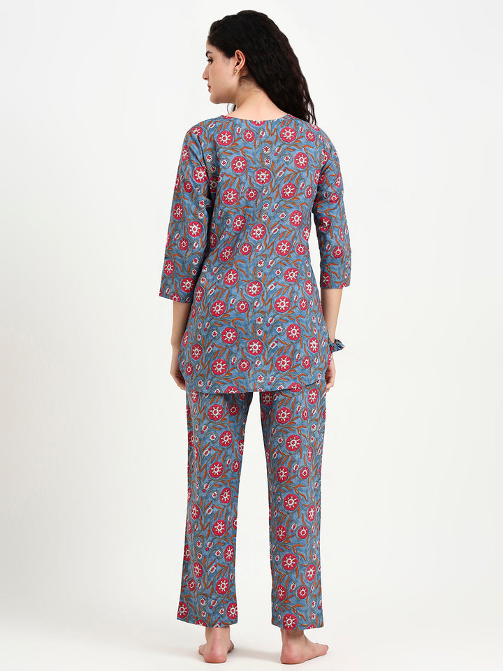 Divena Blue Floral Print Cotton Night Suit