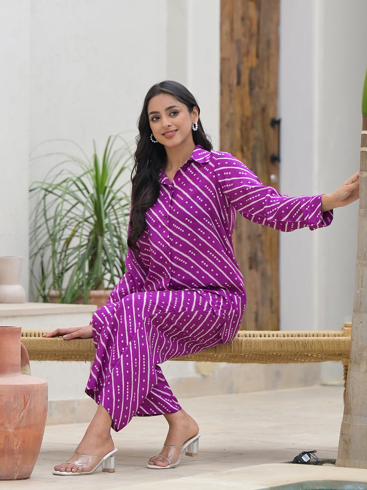 Divena Purple Stripes Shirt With Trousers Co-Ords