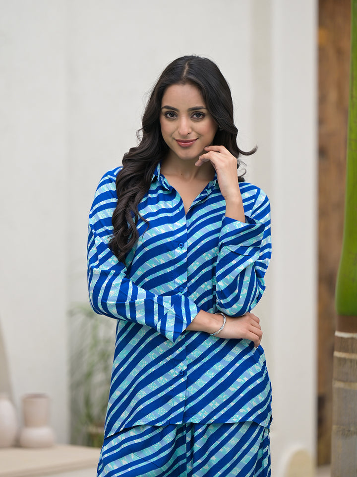 Divena Blue Stripes Shirt With Trousers Co-Ords
