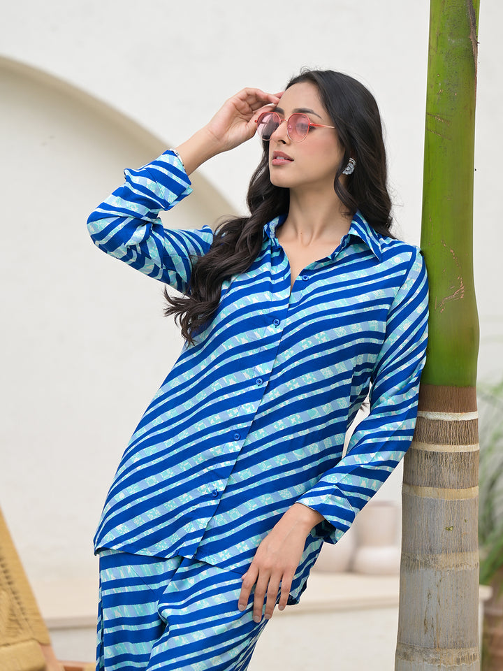 Divena Blue Stripes Shirt With Trousers Co-Ords